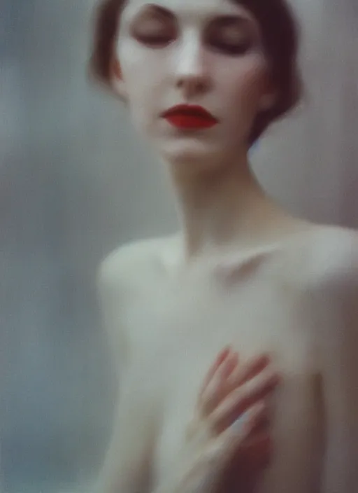 Prompt: motion blur!!, out of focus!! photorealistic portrait of a beautiful pale woman by saul leiter, translucent white skin, closed eyes, foggy, pale lips