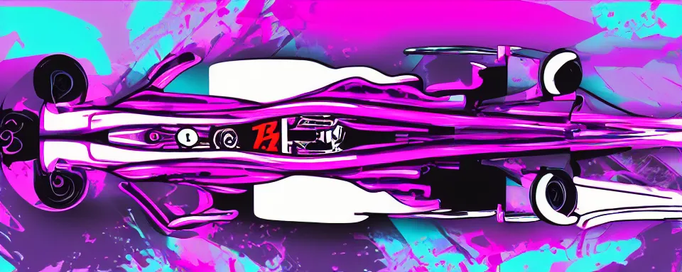 Image similar to abstract illustration of a formula one car, purple and pink, synthwave