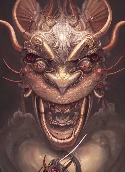 Image similar to a beautiful detailed oil on copper art illustration of a oni hannya mask shogun dragon woman, centered, by charlie bowater, zeng fanzh, trending on artstation, dim dusk lighting, cinematic lighting, detailed lighting, volumetric lighting, realistic, f 8, 4 k hd wallpaper