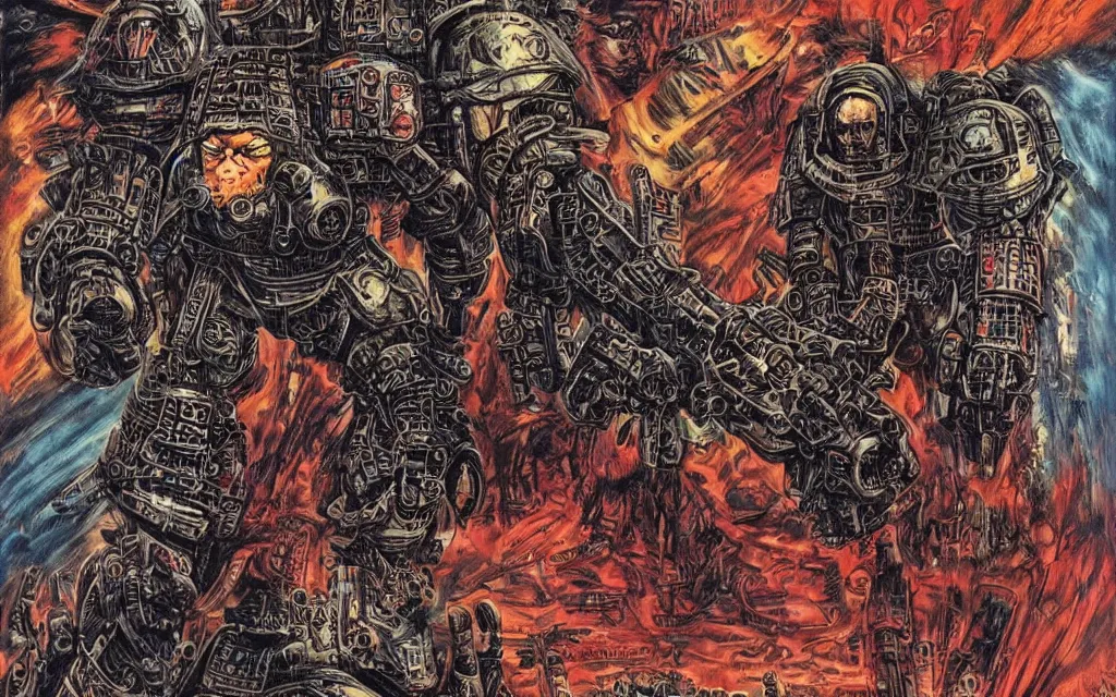 Prompt: techno - savage space marine, perfect future, awarding winning digital art by philippe druillet