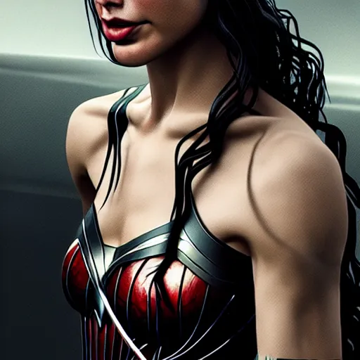 Image similar to gal gadot as a female vampire monster with translucent skin, visible muscles and veins and arteries and bones and spine and nerves, beautiful detailed intricate insanely detailed octane render, 8K artistic photography, photorealistic, chiaroscuro, by David Cronenberg, Raphael, Caravaggio