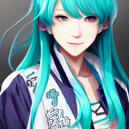 Image similar to hatsune miku, wearing blue track jacket, cool color palette, digital art by aramaki shinji, by artgerm, by cushart krenz, by wlop, colorful, insanely detailed and intricate, hypermaximalist, elegant, ornate, dynamic pose, hyper realistic, super detailed