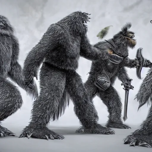 Image similar to a high detailed realistic photo of a group of armored yeti and sasquatch battling with swords shields andsd pears