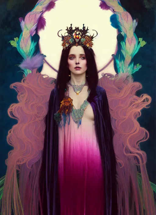 Image similar to ombre velvet gown, feathers, vivid colors, lovely dark autumn princess, portrait, long hair, tiara, jeweled choker, by alphonse mucha, brom, greg rutkowski, anato finnstark, global illumination, radiant light