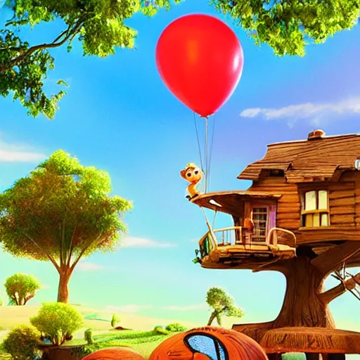 Image similar to Treehouse from the Pixar movie Up, solar, bright sky, vivid colors, beautiful