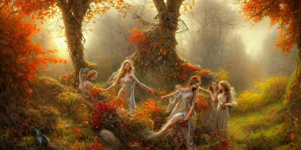 Image similar to breathtaking detailed concept art painting of goddesses of autumn by volegov, vintage illustration pattern with bizarre compositions blend of plants and stems and leaves by john howe, exquisite detail, extremely moody lighting, 8 k