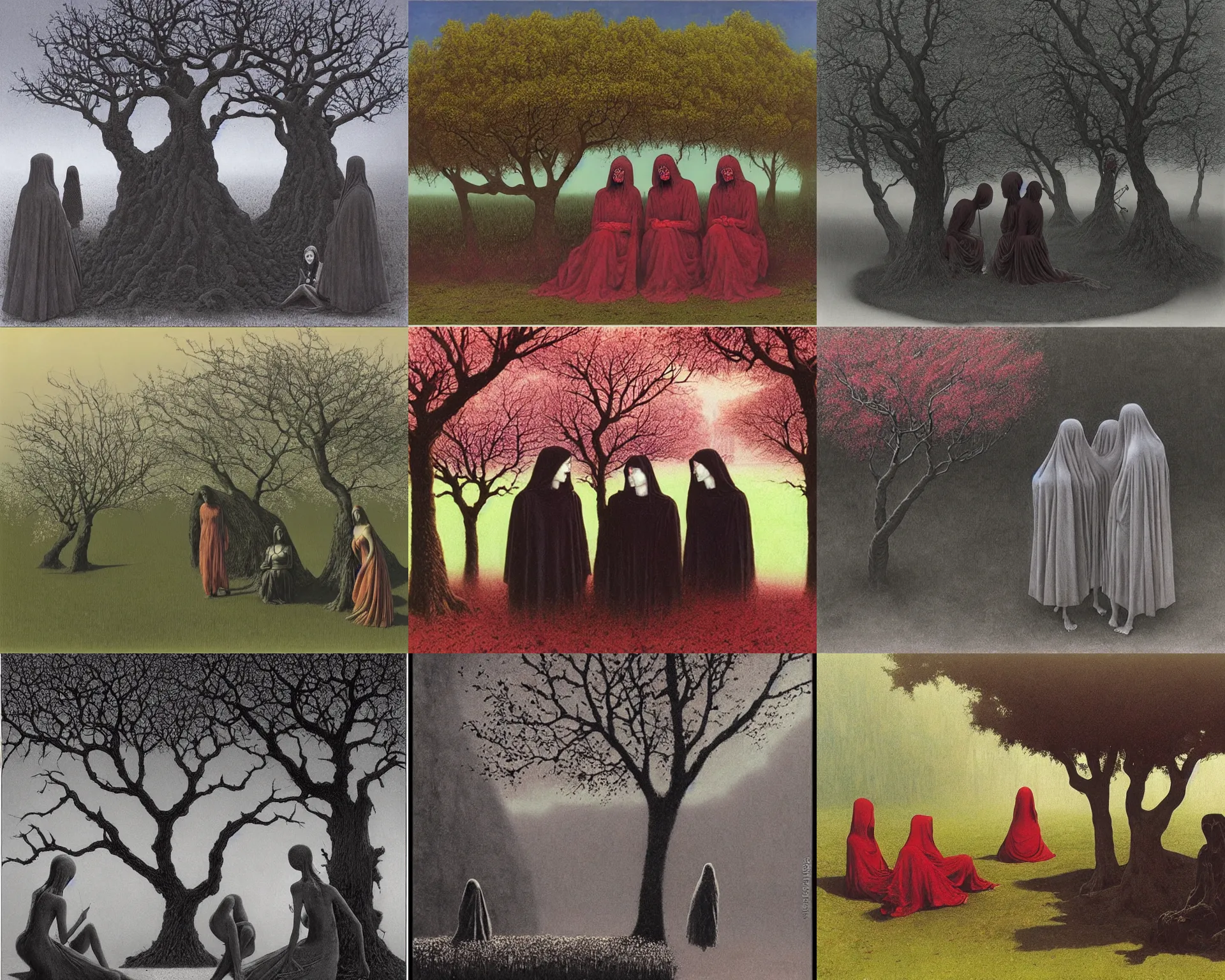 Prompt: hd art by zdzislaw beksinski. three goths loitering in the shade, talking beneath a cherry tree outside a blockbuster video store.