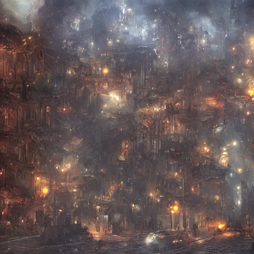 Prompt: steam punk city under attack, concept art, magic, light rain