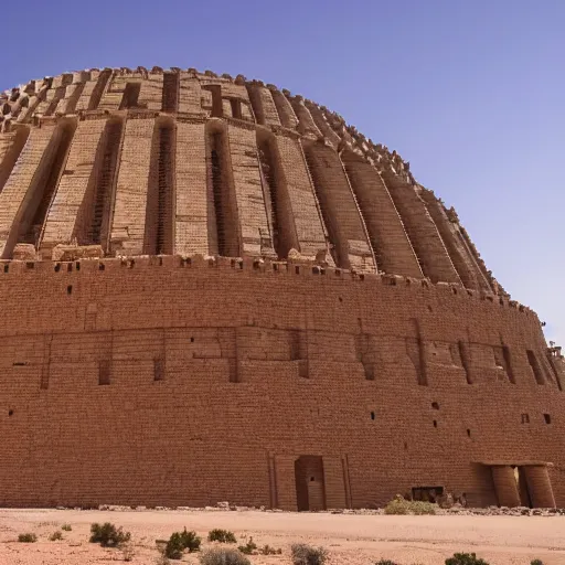 Image similar to cinematic still looking up at the tower of babel, epic, Akkadian architecture, desert background