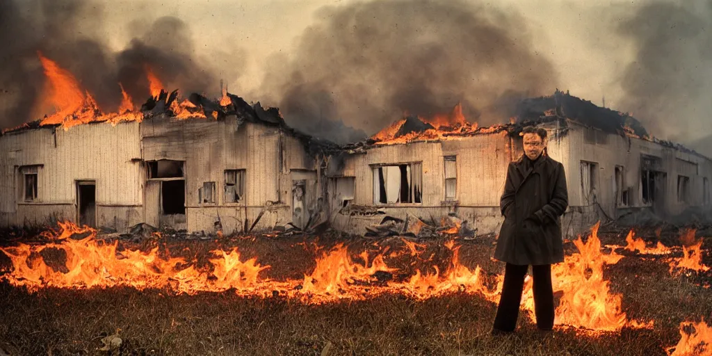 Prompt: detailed analog medium format photo made by tarkovsky, polaroid photo of a man in haki trenchcoat standing outside abandoned building in country while it is burning in flames, high production value, intricate details, 8 k resolution, hyperrealistic, hdr, photorealistic, high definition, tehnicolor, award - winning photography, masterpiece, amazing colors,