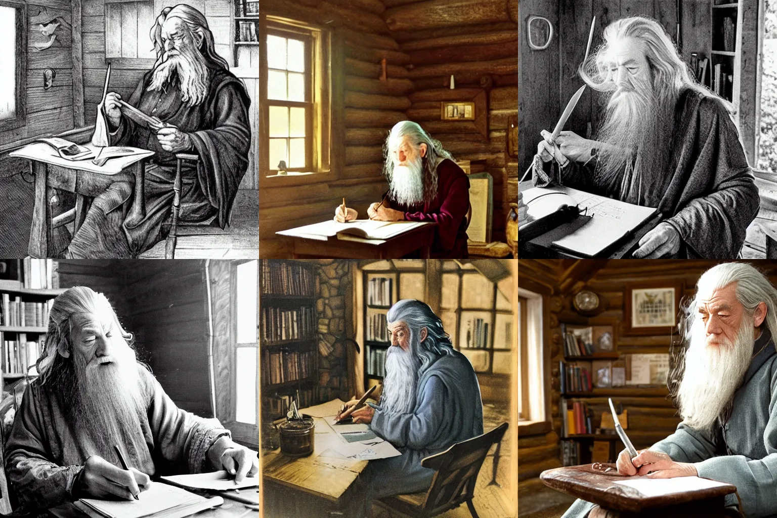 Prompt: gandalf writing a novel in a small cabin, smoking pipe