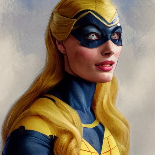 Image similar to margot Robbie as batgirl, uniquely beautiful, fantasy, intricate, elegant, highly detailed, lifelike, photorealistic, digital painting, artstation, concept art, smooth, sharp focus, illustration, art by John Collier and Albert Aublet and Krenz Cushart and Artem Demura and Alphonse Mucha,