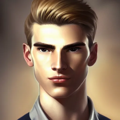 Prompt: tall man in his twenties with brown blond short quiff hair and slightly round facial structure with cleft chin, straight eyebrows and prominent nose, good definition of cheekbones, big hazel nut brown eyes, narrow face, slim body, atmospheric lighting, painted, intricate, 4 k, highly detailed by charlie bowater