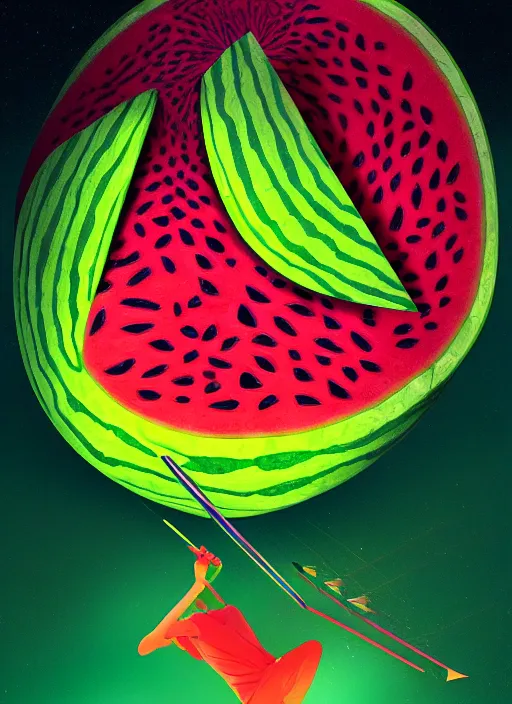 Prompt: A psychedelic portrait of a watermelon with an arrow hanging out, vibrant color scheme, highly detailed, in the style of romanticism, cinematic, artstation, Moebius, Greg rutkowski