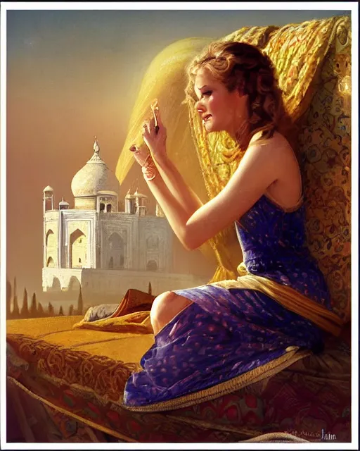 Prompt: tuesday weld visits the taj mahal by charlie bowater, by francine van hove, by alex horley, by tom chambers, by gil elvgren