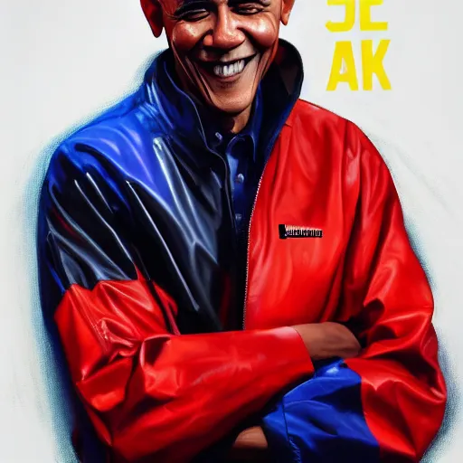 Image similar to an oil painting of barack obama wearing the supreme drip jacket, by artgerm, hd, hdr, ue 5, ue 6, unreal engine 5, realistic anime 3 d style, cinematic 4 k wallpaper, 8 k, ultra detailed, gta cover art, high resolution, artstation, award winning