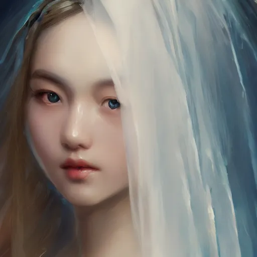 Image similar to chinese girl, watery blue eyes, long wavy white hair, white veil, front closeup, highly detailed, centered, oil painting, artstation, concept art by WLOP