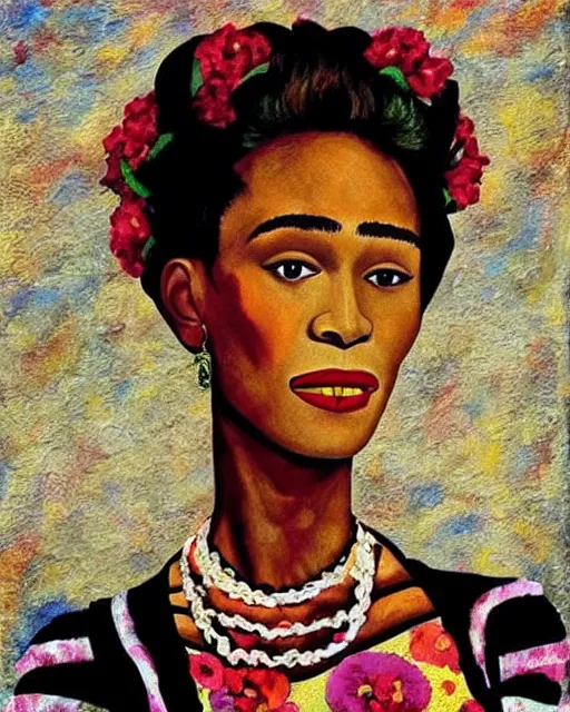 Prompt: Whitney Houston in Frida kahlo painting style