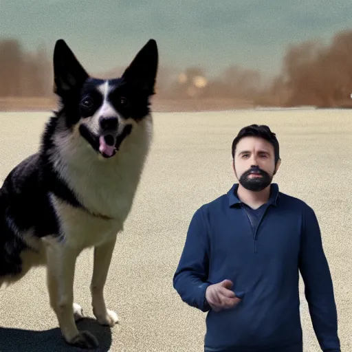 Image similar to man who is angry standing next to a very happy dog, realistic, photographic, cinematic, 8 k