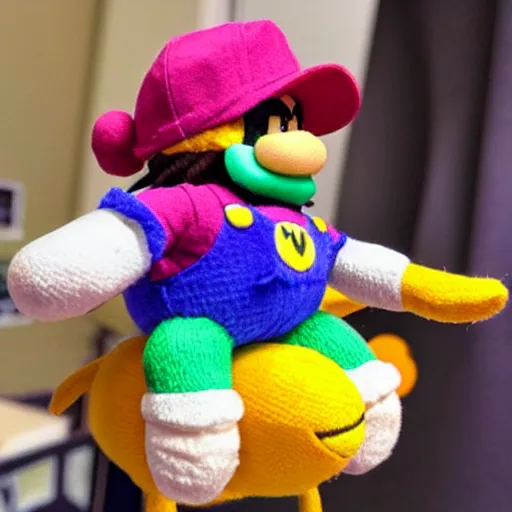 Image similar to a yarn plush doll of wario riding a yoshi