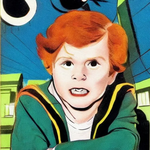 Image similar to a cute little boy with a mischievous face and ginger hair. he is dressed as a superhero. well composed, clean elegant painting, beautiful detailed face. comic book art by steve ditko and jack kirby