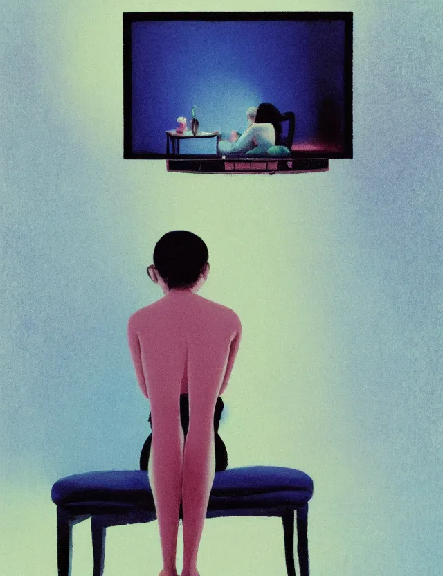 Image similar to woman in dark room sitting on a chair infront of tv, blue rays from tv, redshift, wide shot, coloured polaroid photograph, pastel, kodak film, hyper real, stunning moody cinematography, by maripol, fallen angels by wong kar - wai, style of suspiria and neon demon, david hockney, detailed, oil on canvas