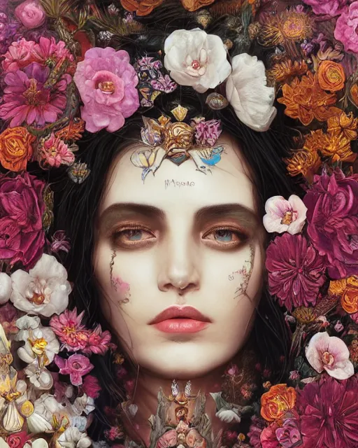 Image similar to portrait of the mexican queen of the underworld, surrounded by flowers by karol bak, james jean, tom bagshaw, rococo, sharp focus, trending on artstation, cinematic lighting, hyper realism, octane render, 8 k, hyper detailed.