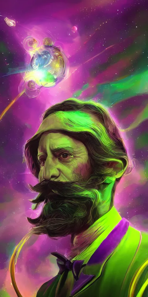 Prompt: a wizard with a salvador dali moustache in space, purple and green colors, digital painting, volumetric lighting, 8k, artstation