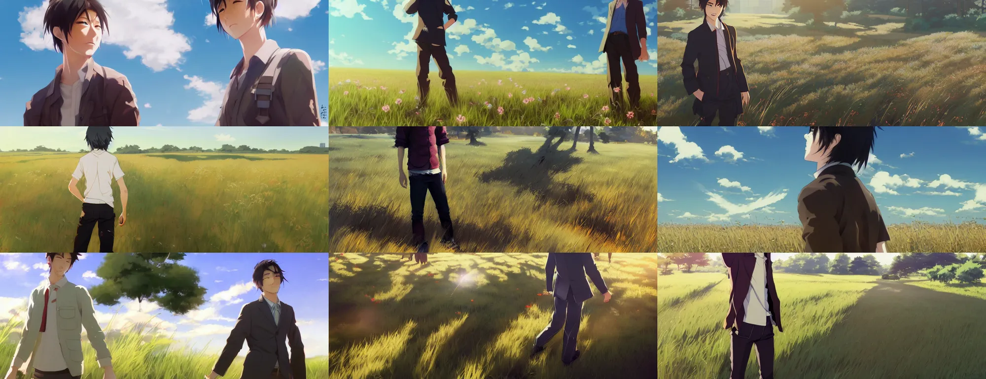 Prompt: a trendy japanese adult male model standing in a sunny field, strong shadows, overexposed sunlight, a screenshot by krenz cushart, pixiv contest winner, action painting, 2d game art, official art, award-winning, art by Studio Ghibli, by Chris Moore, high details