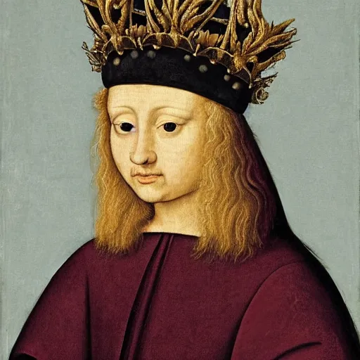 Image similar to a renaissance style portrait of a hedgehog wearing a crown and a cape, dark background