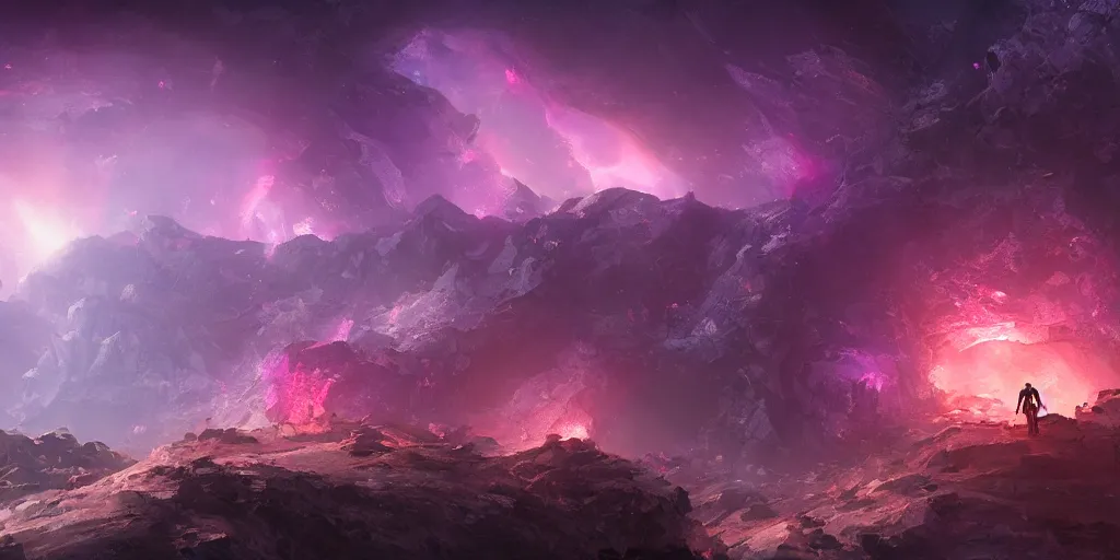 Image similar to one small astronaut standing in the ruins of crux prime, purple fiery maelstrom in the distance, digital art, artstationhq