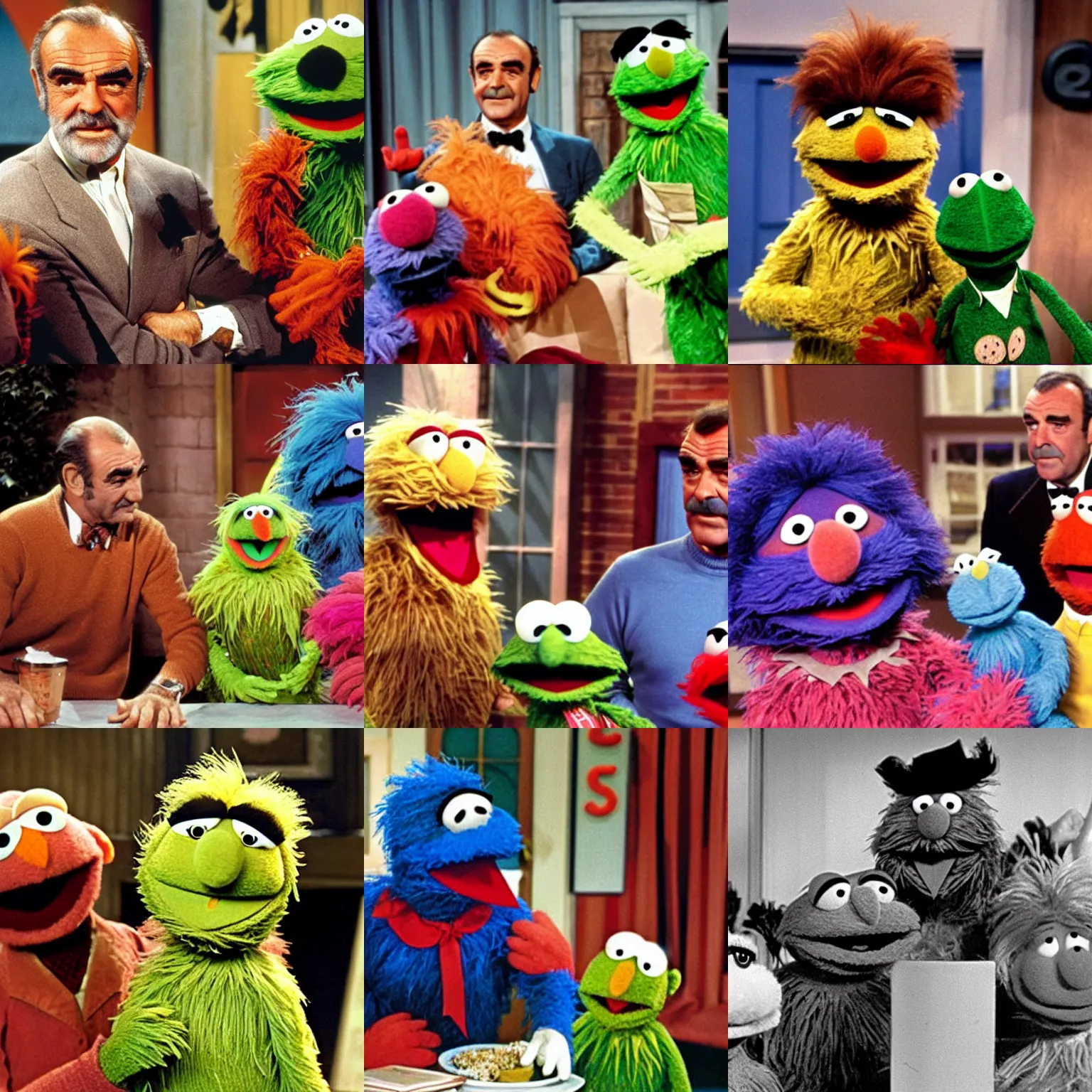 Prompt: Sean Connery in sesame street with muppets