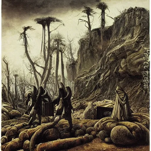 Image similar to by rudolf ernst, by pieter aertsen apocalyptic. a installation art of a coffin being carried by six men through an ethereal, otherworldly landscape. the men are all wearing hooded cloaks. the landscape is eerie & foreboding, with jagged rocks & eerie, glowing plants.