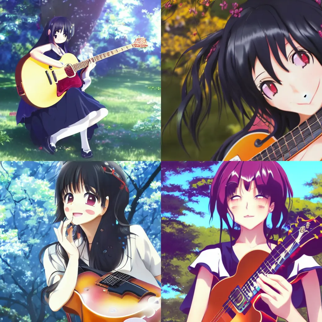 Prompt: a beautiful smiling anime girl with black hair and hime cut sitting under a tree, playing a gibson les paul guitar, close-up of her face, anime key visual, digital art, anime screenshot, kyoto animation