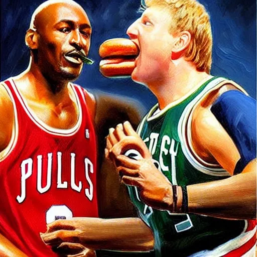 Image similar to portrait of larry bird and michael jordan sharing hotdogs, an oil painting by ross tran and thomas kincade