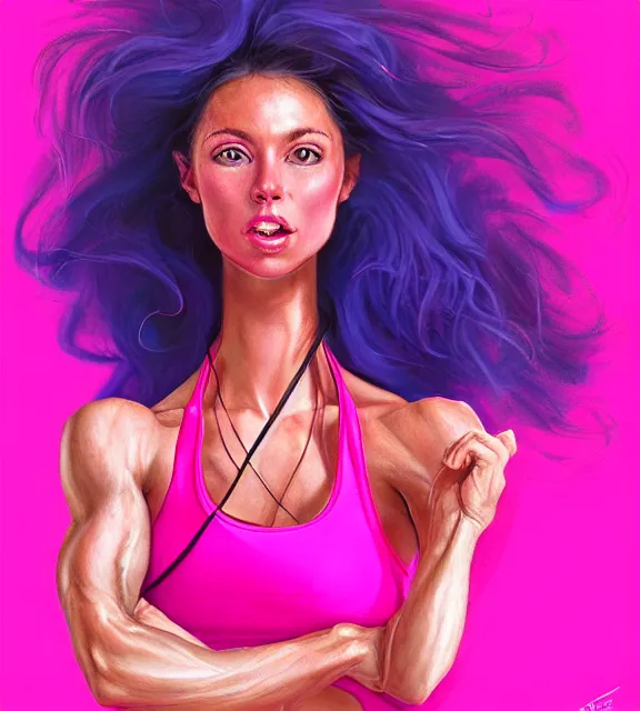 Prompt: female jazzercise instructor, perfect face, 1 9 8 0 s hairsprayed hair, hot pink halter top, flowing hair, abs, cinematic, blush, stunning, athletic, strong, agile, highly detailed, psychedelic, digital painting, artstation, smooth, hard focus, illustration, art by jessica rossier and and brian froud