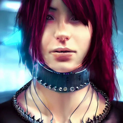 Prompt: female character cyberpunk wearing spiked collar around neck, realistic, art, beautiful, 4K, collar, punk, artstation, detailed,