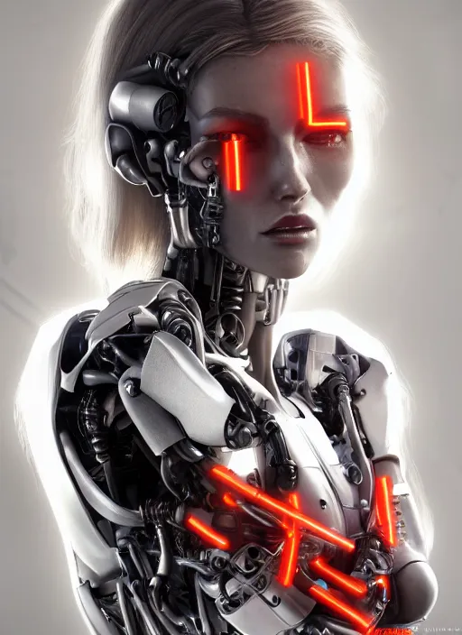 Prompt: photorealistic detailed full body picture of a female cyborg, pretty face with arms and legs, glamour pose, long hair, neon lights, humanoid, extreme, uhdr, book called the most influental cyborg in 2 0 5 0, fine details, highly detailed, intricate, smooth sharp focus, symmetrical features, environmental portrait, realistic render