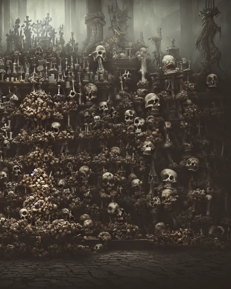 Image similar to full color, low wide shot of sedlec ossuary, bones, anime style mixed with fujifilm, dark, foggy, atmospheric, artstation, cgsociety, octane render, cgi, unreal engine 5, denoise, detailed, cinematic masterpiece