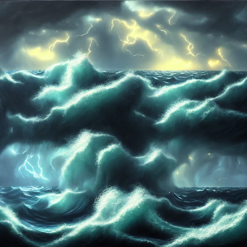 Image similar to a fantasy seascape. subject : giant dark kraken in a stormy sea with a small boat, giant waves, lightning in the background, oil painting, 4 k