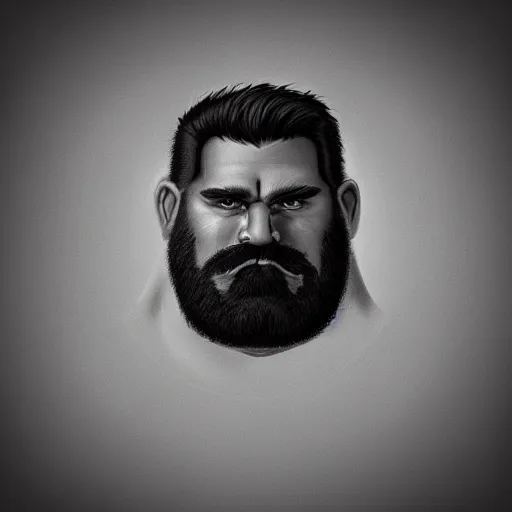 Image similar to face portrait a big beefy man with a large face, thick dark hair, a bushy black moustache, with hardly any neck and mean little eyes, highly detailed, digital art, sharp focus, trending on art station, charcoal drawing