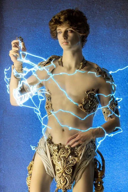 Image similar to full-body sculpture of a young handsome Spanish prince as a half android with a glowing blue battery in his chest, white laser beam coming out of his eyes, crown of giant diamonds, flowing neon-colored silk, fabric, raptors, in a cyperbunk and baroque style. baroque elements. full-length view. baroque element. intricate artwork by caravaggio mechanical roses. Trending on artstation, octane render, cinematic lighting from the right, hyper realism, octane render, 8k, depth of field, 3D