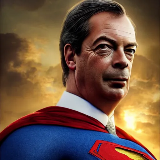 Image similar to Portrait of Nigel Farage as superman, heroic, amazing splashscreen artwork, splash art, head slightly tilted, natural light, elegant, intricate, fantasy, atmospheric lighting, cinematic, matte painting, detailed face, by Greg rutkowski