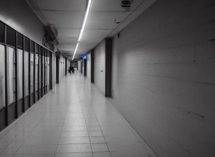 Image similar to a school corridor at night, night time, after hours, low light