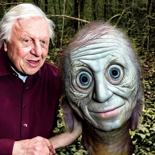 Prompt: Sir David Attenborough in the woods with a Grey Alien Martian