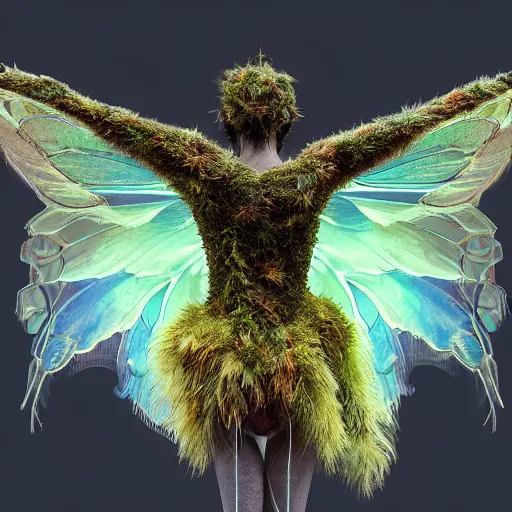 Prompt: full body pose, hyperrealistic photograph of moss fairy, symmetrical wings, dim volumetric lighting, 8 k, octane beautifully detailed render, extremely hyper detailed, intricate, epic composition, cinematic lighting, masterpiece, trending on artstation, very very detailed, stunning, hdr, smooth, sharp focus, high resolution, award, winning photo, dslr, 5 0 mm