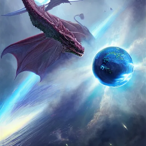 Prompt: Blue scaled dragon devouring an earth like planet while flying in space, European dragon, sun system, nebula, oil painting, by Fernanda Suarez and Edgar Maxence and Greg Rutkowski