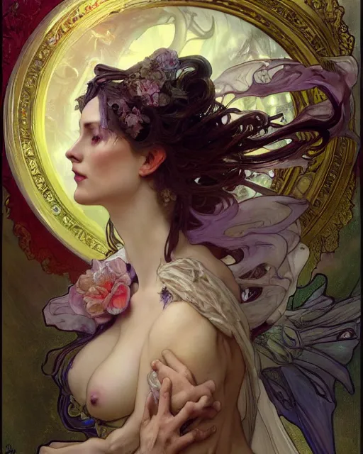 Prompt: wlop and daniel gerhartz and alfons mucha detailed portrait digital rococo painting of a beautiful serious villainess wearing fantasy clothing like liliana vess, villainess has black angel wings, evil mood, hellish battlefield in the background, embers flying, unreal engine, hyper realism, realistic shading, cinematic composition, blender render, octane render, ultrawide shot