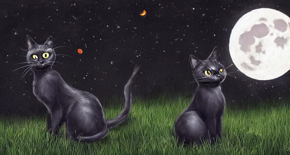 Image similar to black cat with glowing eyes looking up at the moon in a very dark open field at midnight with fireflies in the air and lots of stars in the sky, digital painting, highly detailed, magical, beautiful