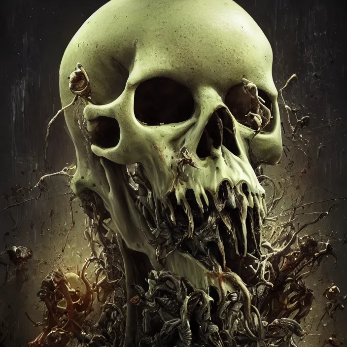 Image similar to portrait of a haunted melting skull. razor sharp teeth. infected with zombie fungus. intricate abstract. intricate artwork. nightmare fuel. by Tooth Wu, wlop, beeple, dan mumford. octane render, trending on artstation, greg rutkowski very coherent symmetrical artwork. cinematic, hyper realism, high detail, octane render, 8k, iridescent accents